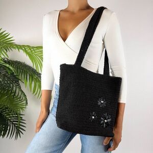 Vintage Y2K Black Boho Woven Knit Beachy Floral Cottagecore Sack Tote Bag Purse
